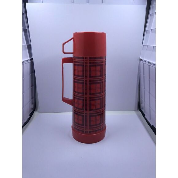 Aladdin pint  Thermos Red & Black Plaid Checkered complete plastic - Picture 2 of 11
